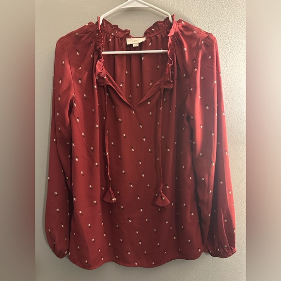 LOFT XS Burgundy Floral Tie Neck Blouse Cottagecore Boho Long Sleeve - Picture 3 of 8